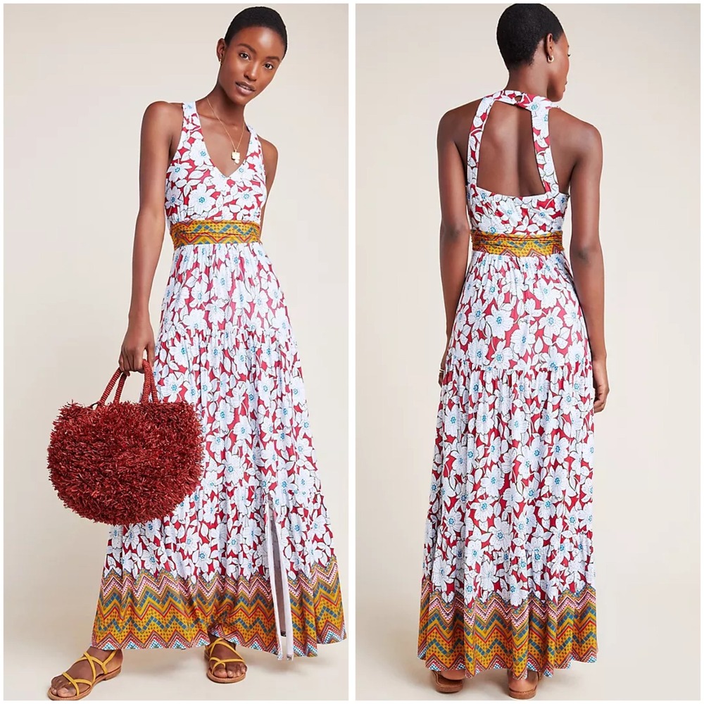 Anthropologie Maeve Auden Maxi Dress Medium Floral Geometric Boho Resort Market